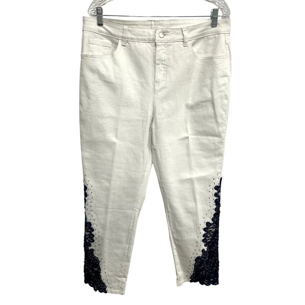 Soft Surroundings Womens White Pants Navy Lace Embroidery Beaded Hem Sz 14